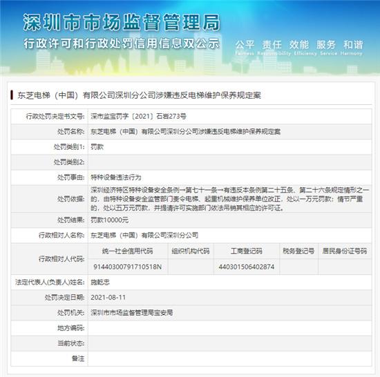 pg麻将胡了2-东芝电梯深圳分公司被罚 存在特种设备违法行为